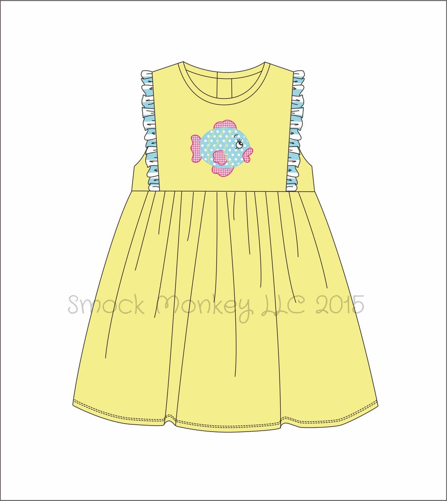 Girl's applique "GLAMOUR FISH" yellow knit sleeveless swing dress (18m,2t,3t,4t,5t,6t,7t,8t,10t)