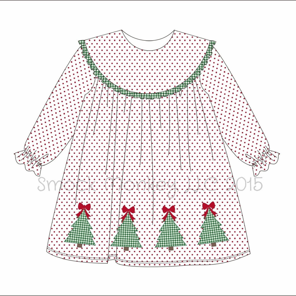 Girl's applique "MERRY ROW OF TREES" red polka round collar long sleeve dress (18m,2t,4t)