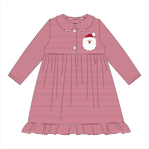 Girl's applique "SANTA" red striped knit gown / dress (LONG SLEEVE) (3m,18m,2t,3t,4t,5t,7t,8t)