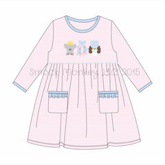 Girl's applique "NUTCRACKER FRIENDS" pink striped long sleeve knit pocket dress (2t,3t,4t,6t,7t)