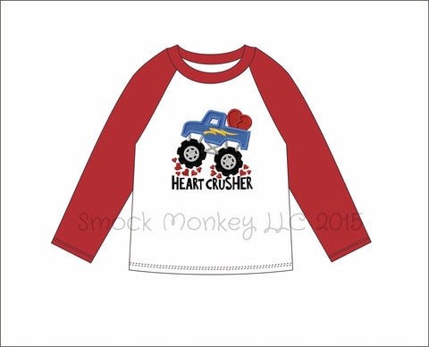 Boy's applique "HEART CRUSHER" white and red baseball sleeve shirt(12m,18m,2t,3t,4t,5t,6t,7t,8t)