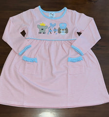 Girl's applique "NUTCRACKER FRIENDS" pink striped long sleeve knit pocket dress (2t,3t,4t,6t,7t)