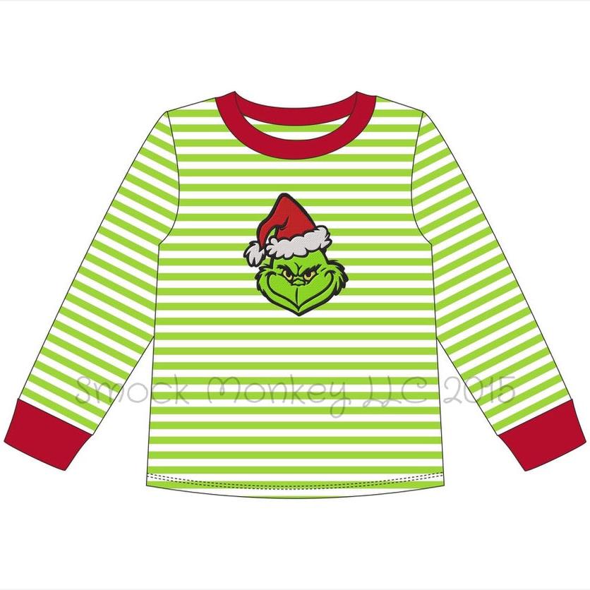 Boy's applique "GRINCH" lime green striped long sleeve shirt (8t)