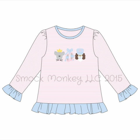 Girl's applique "NUTCRACKER FRIENDS" pink striped long sleeve ruffle shirt (12m,18m,2t,3t,4t,5t,6t,7t,8t,12t)