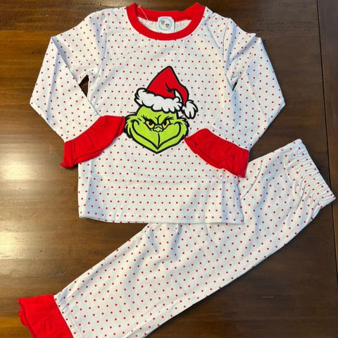 Girl's applique "GRINCH" white with red polka 2 piece pajamas 2024 (12m,18m,2t)