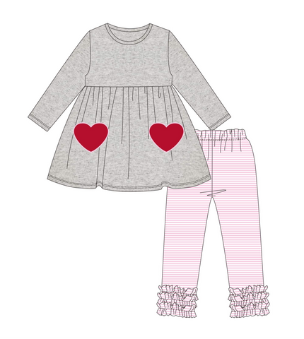 Girl's applique "HEART" gray l/s swing top and pink striped knit ruffle pant set (12m,18m,2t,3t,4t,5t,6t,7t,8t,10t)