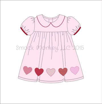 Girl's applique "HEARTS" pink peter pan collar dress (12m,18m,2t,3t,4t,5t,6t,7t,10t)