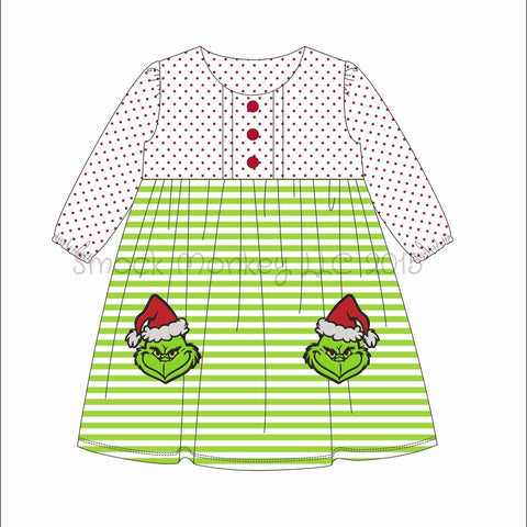 Girl's applique "MERRY GRINCH" red polka and lime striped l/s dress (2t,3t,4t,5t,6t)