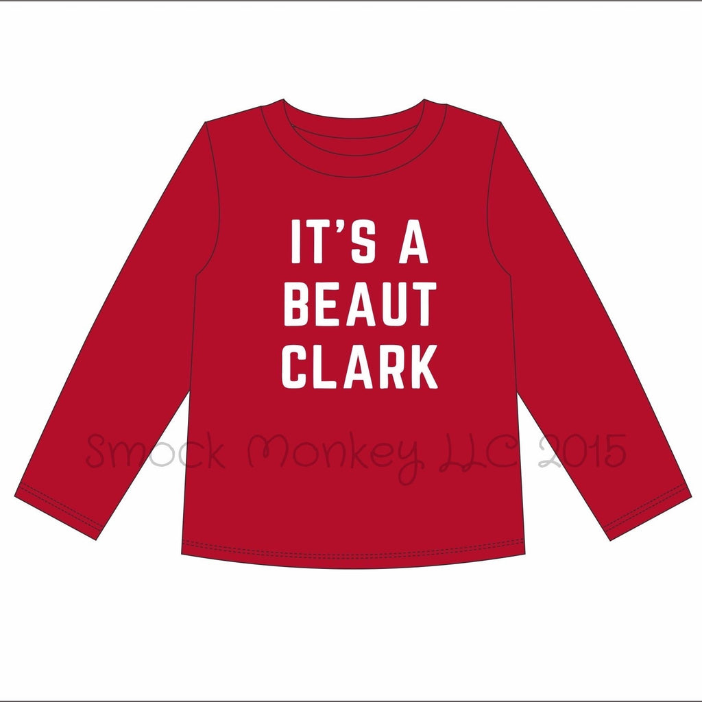 Boy's applique "BEAUT CLARK" red knit l/s shirt (18m,6t)