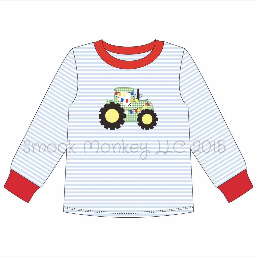 Boy's applique "TRACTOR OF LIGHTS" blue striped long sleeve shirt(12m,18m,2t,7t)