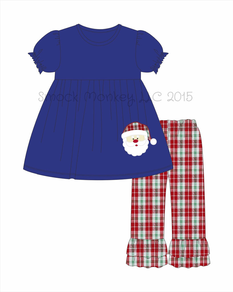 Girl's applique "PLAID SANTA" royal blue short sleeve swing top and ruffle pant set (3m,18m,4t,5t,8t)