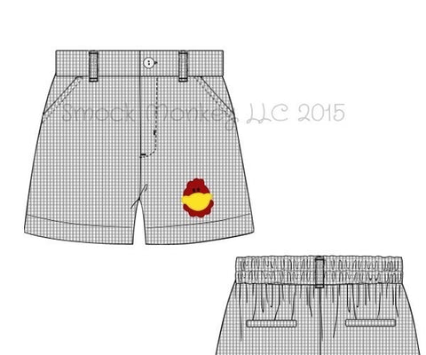 Boy's embroidered "CHICKEN" gray microgingham pocket shorts (5t,6t)