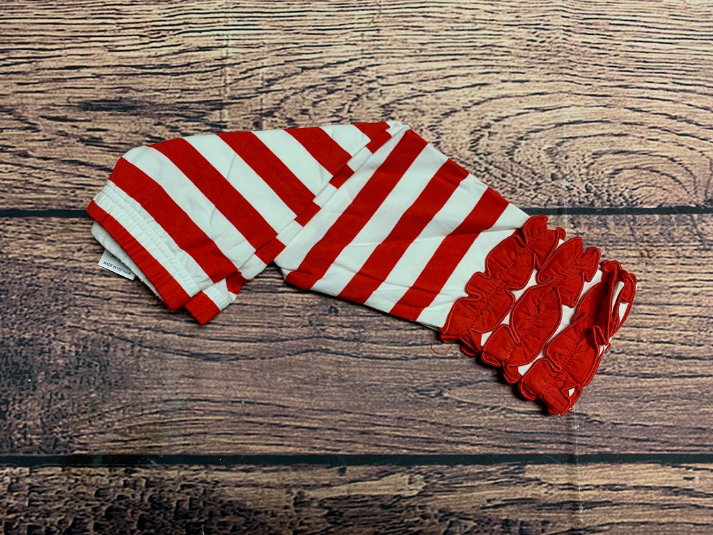 Girl's red striped knit leggings with red ruffle trim (3m,12m)