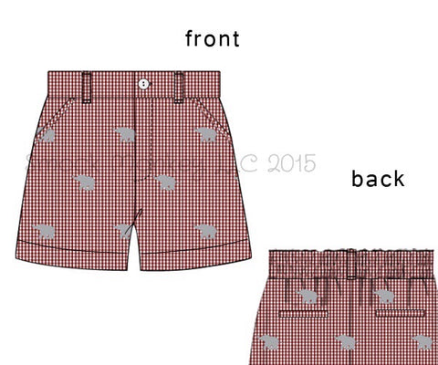 Boy's embroidered "ELEPHANTS" garnet microgingham chino style shorts (9m)