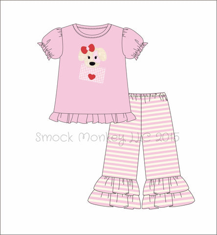 Girl's applique "PUPPY LOVE MAIL" short sleeve pink ruffle shirt and striped ruffle pant set (9m,12m,24m,2t,8t,10t)