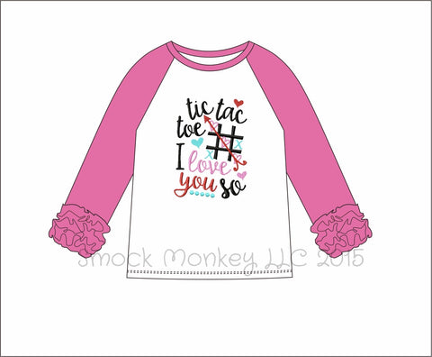 Girl's embroidered "TIC TAC TOE" white long sleeve with hot pink icing baseball shirt (NB,3m,6m,9m,12m,18m,24m,2t,3t,4t,5t,6t)