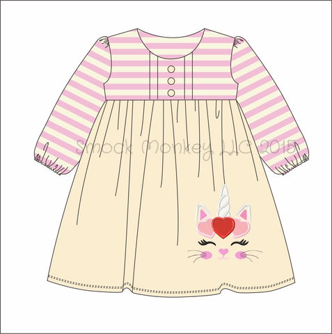 Girl's applique "KITTY UNICORN LOVE" cream with pink stripe long sleeve dress (9m,12m,18m,24m,2t,3t,4t,5t)